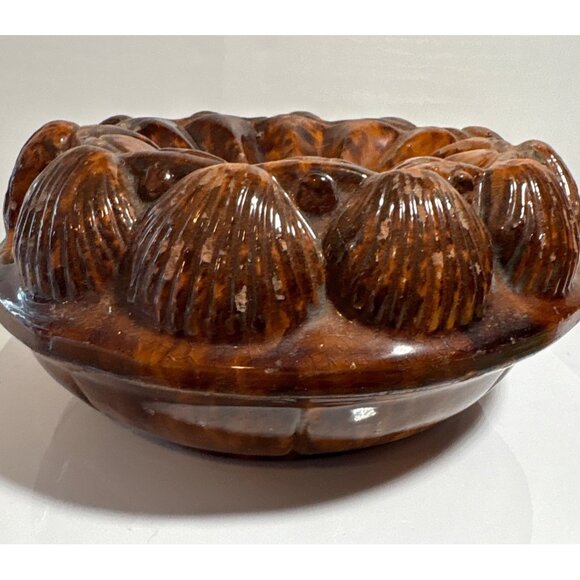 Antique Spittoon Rockingham Glazed Pottery Ceramic With Shell Design Large 8" - Picture 2 of 8